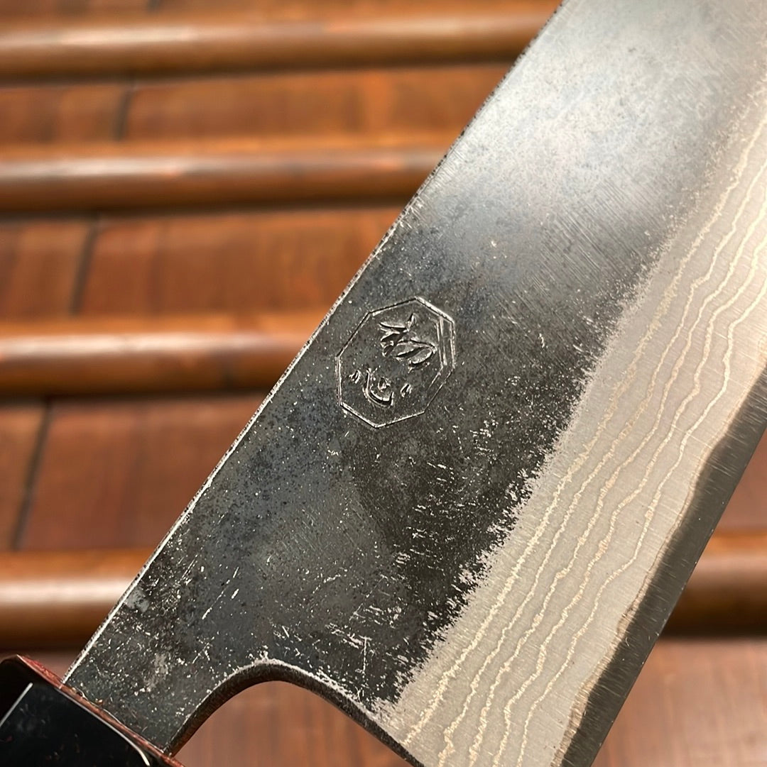 Kumokage 180mm Santoku Aogami 2 Kurouchi Damascus Teak & Horn Handle