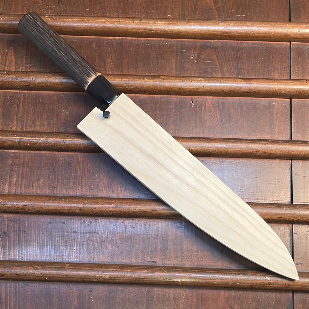 Sakai Kikumori Nakagawa 240mm Gyuto Aogami 1 Kurouchi Burnt Chestnut with Saya