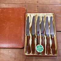 Vintage Eichenlaub Fruit / Dessert Knife Set Stainless Butterscotch Handles with Box and Tag Solingen, Germany 1950-70