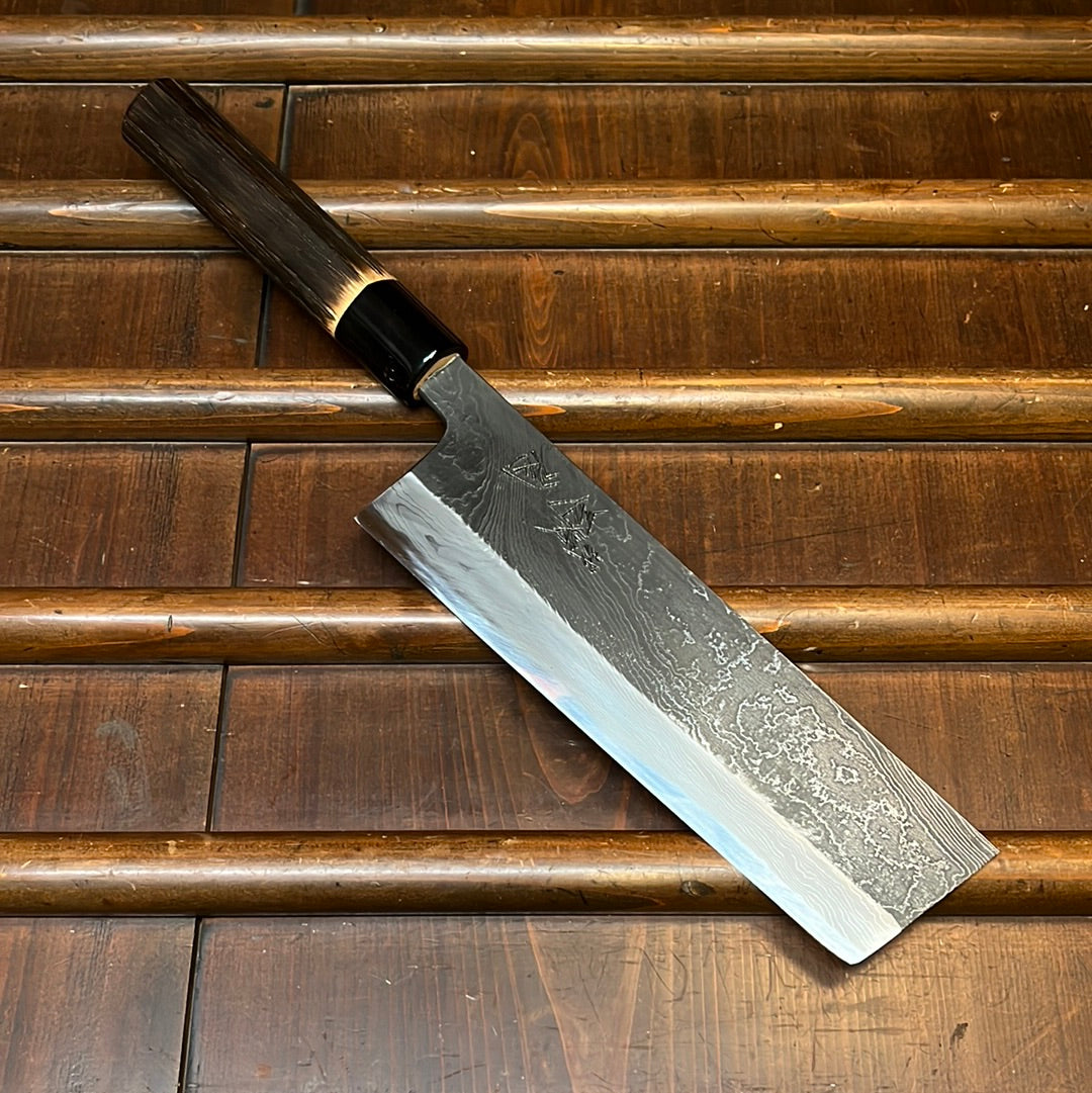 Tsukasa Hinoura 180mm Nakiri Shirogami Warikomi Unryu Suminagashi Burnt Chestnut Horn