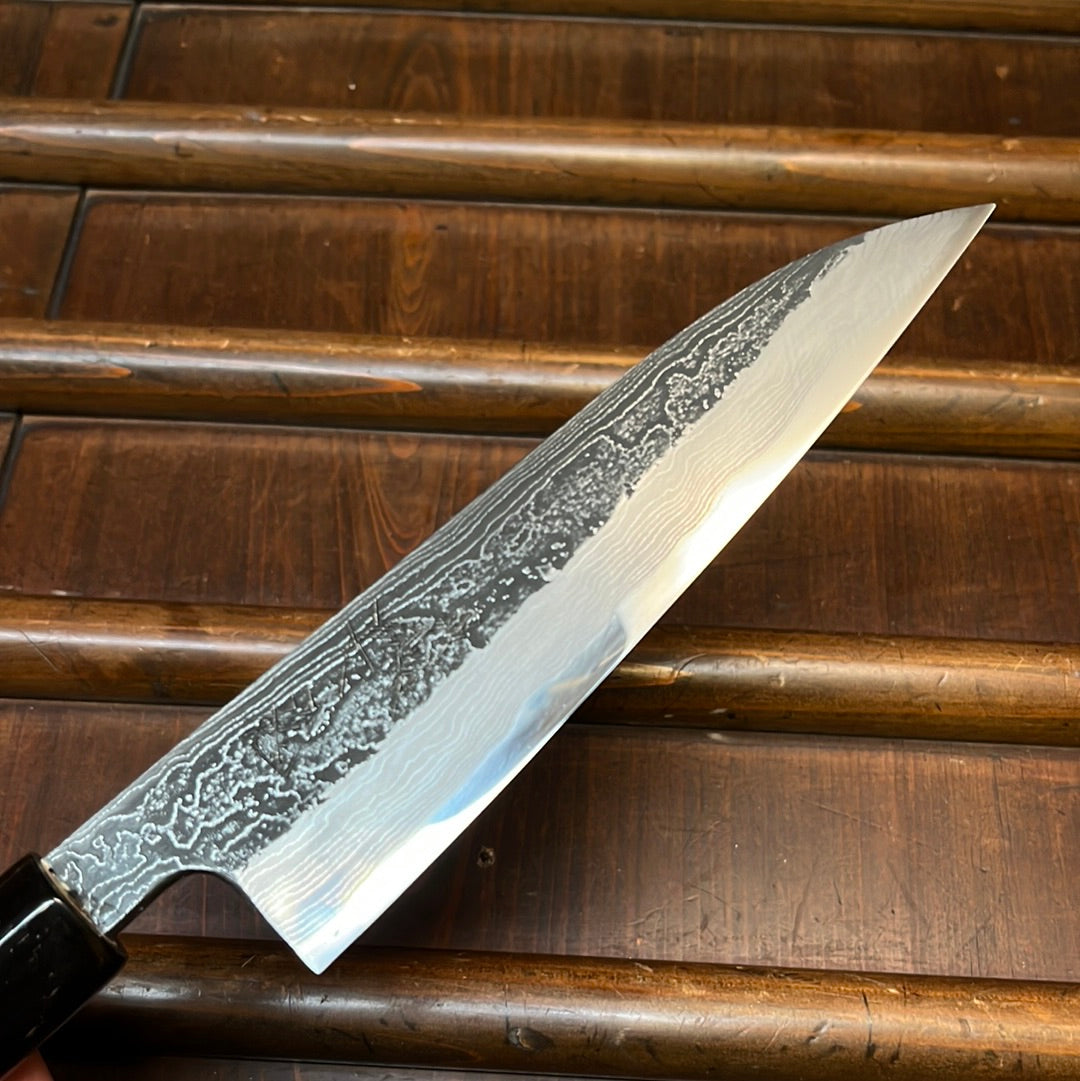 Tsukasa Hinoura 150mm Petty Shirogami Warikomi Kitaeji Suminagashi Burnt Chestnut Horn