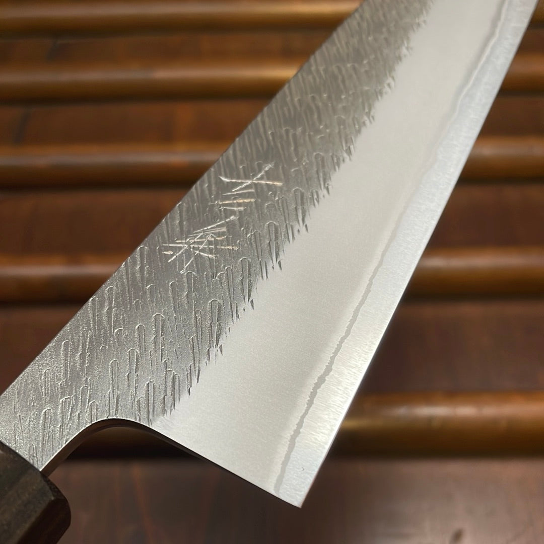 Yoshikane Hamono 210mm Gyuto Shirogami 2 Kurouchi Tsuchime Enju with Double Ebony Ferrule