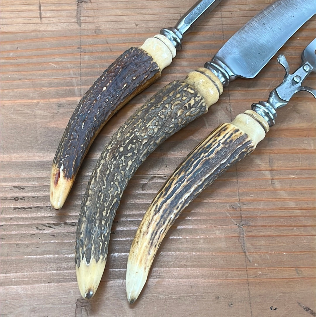 A J Jordan Carving Set AAA1 Sheffield England Curved Blade Horn Tip Handles 1880's-1920's