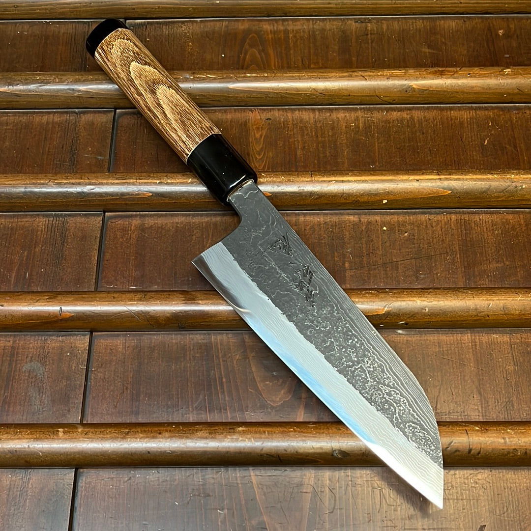 Tsukasa Hinoura 165mm Santoku Shirogami Warikomi Kitaeji Suminagashi Double Horn Enju