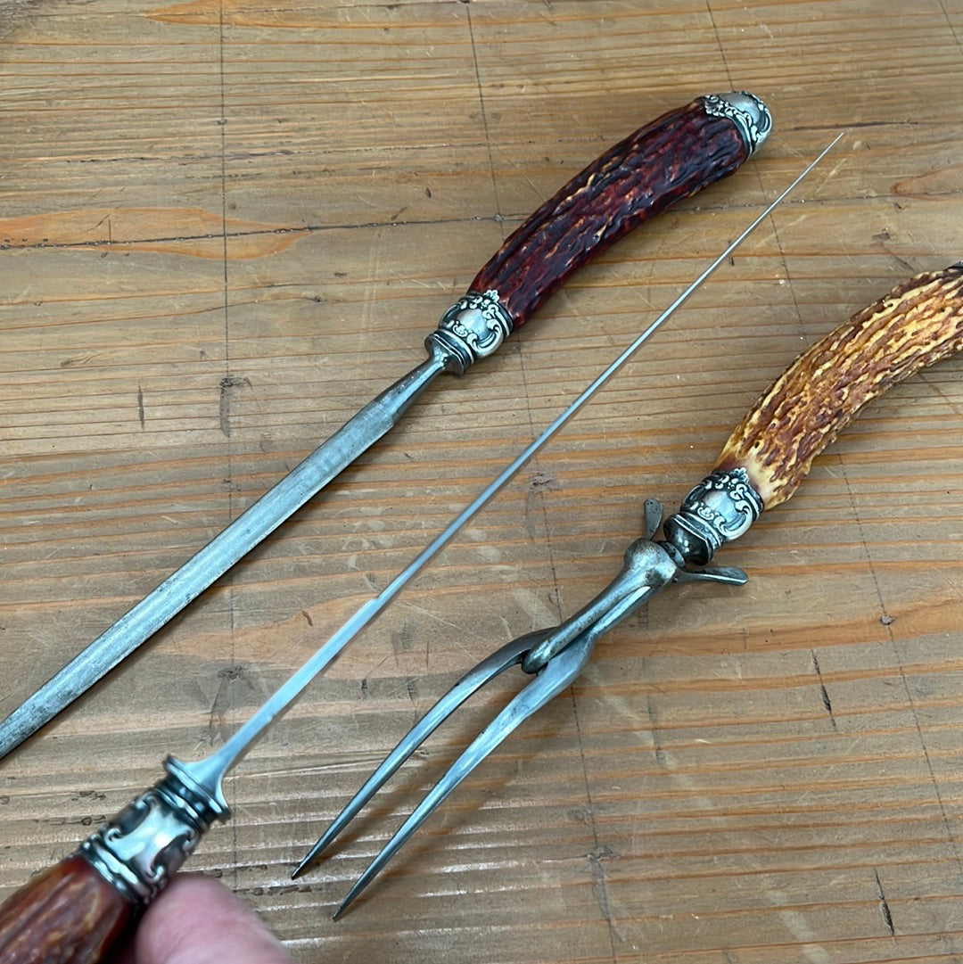 Landers Frary & Clark Aetna Works Carving Set Carbon Steel Sterling Stag ~1880's-1910's