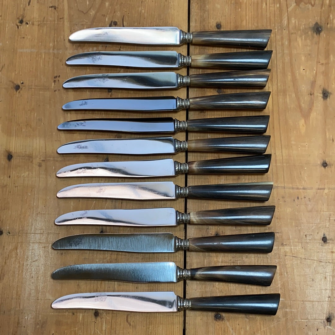 ‘122 Garanti’ French Sm Table Knife Set of 12 Carbon Steel Horn W/ Box