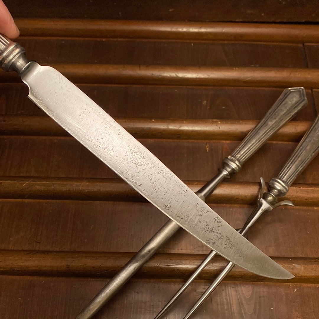Unmarked 3pc Carving Set Carbon Steel Sterling Handles USA 1890’s-1920’s?