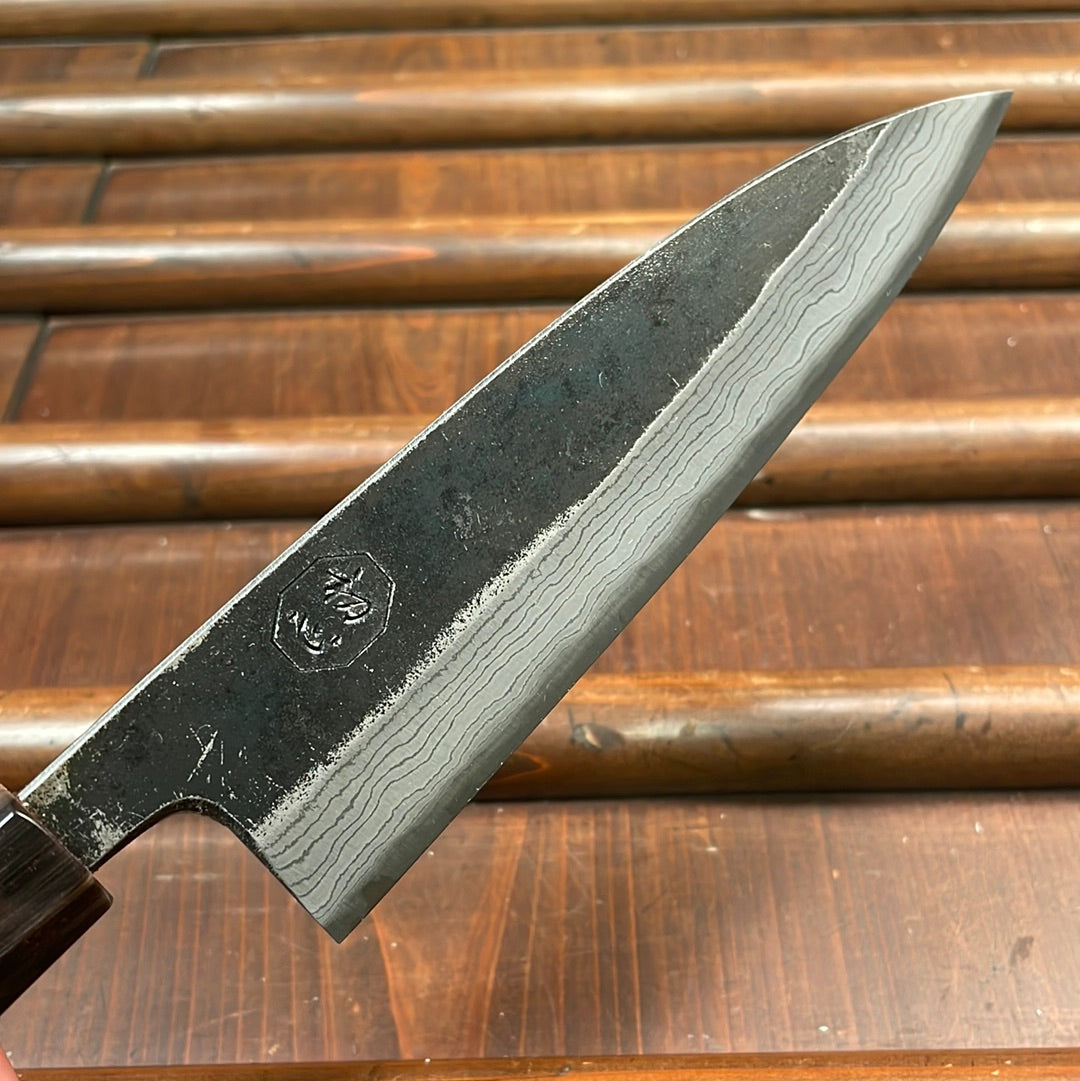 Kumokage 150mm Petty Aogami 2 Kurouchi Damascus Teak & Horn Handle