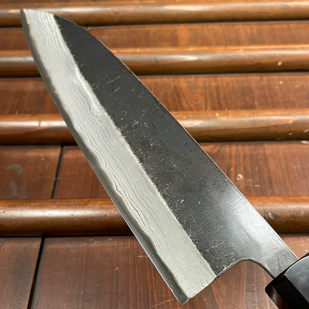 Kumokage 180mm Santoku Aogami 2 Kurouchi Carbon Damascus Oct Teak Horn