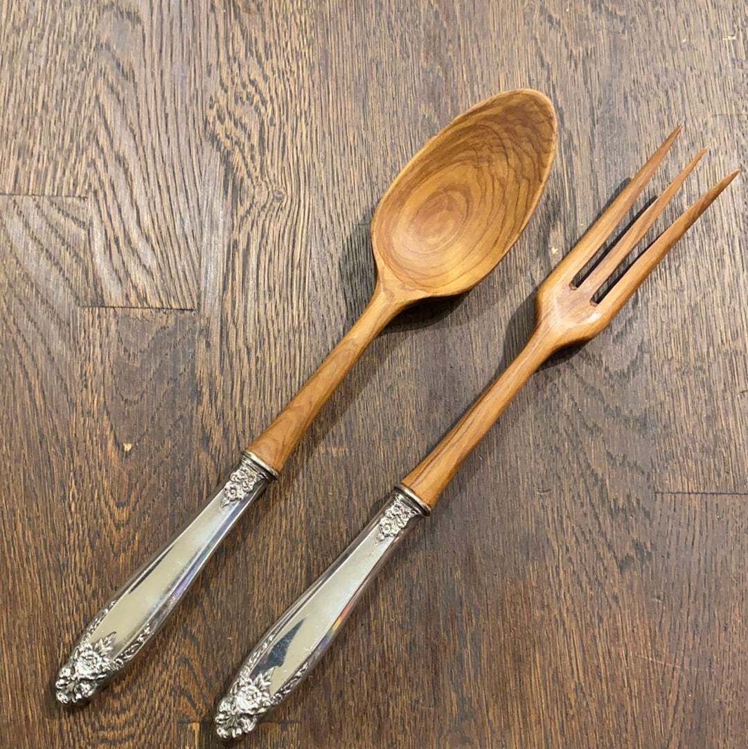 New Old Stock Salad Serving Set Sterling Silver and Olive Wood