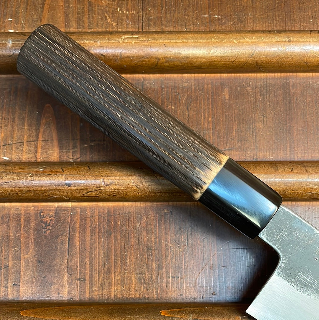 Sakai Kikumori Nakagawa 240mm Gyuto Aogami 1 Kurouchi Burnt Chestnut with Saya