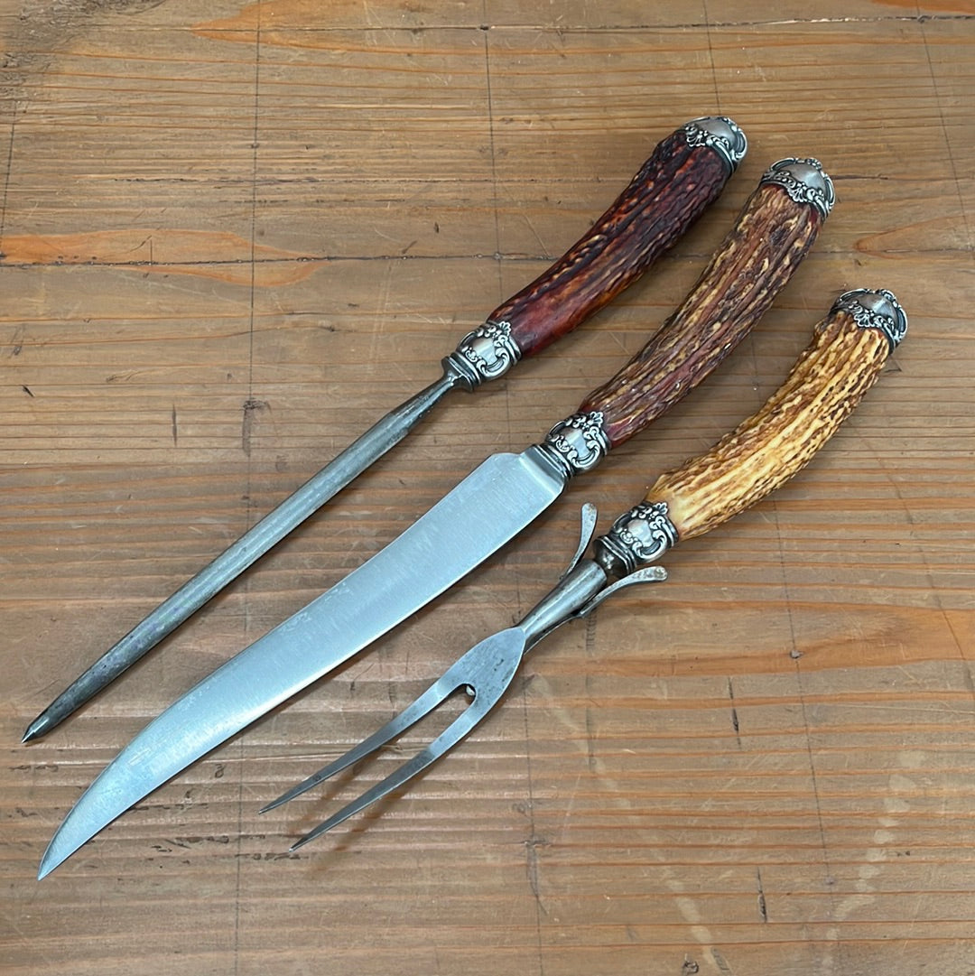 Landers Frary & Clark Aetna Works Carving Set Carbon Steel Sterling Stag ~1880's-1910's