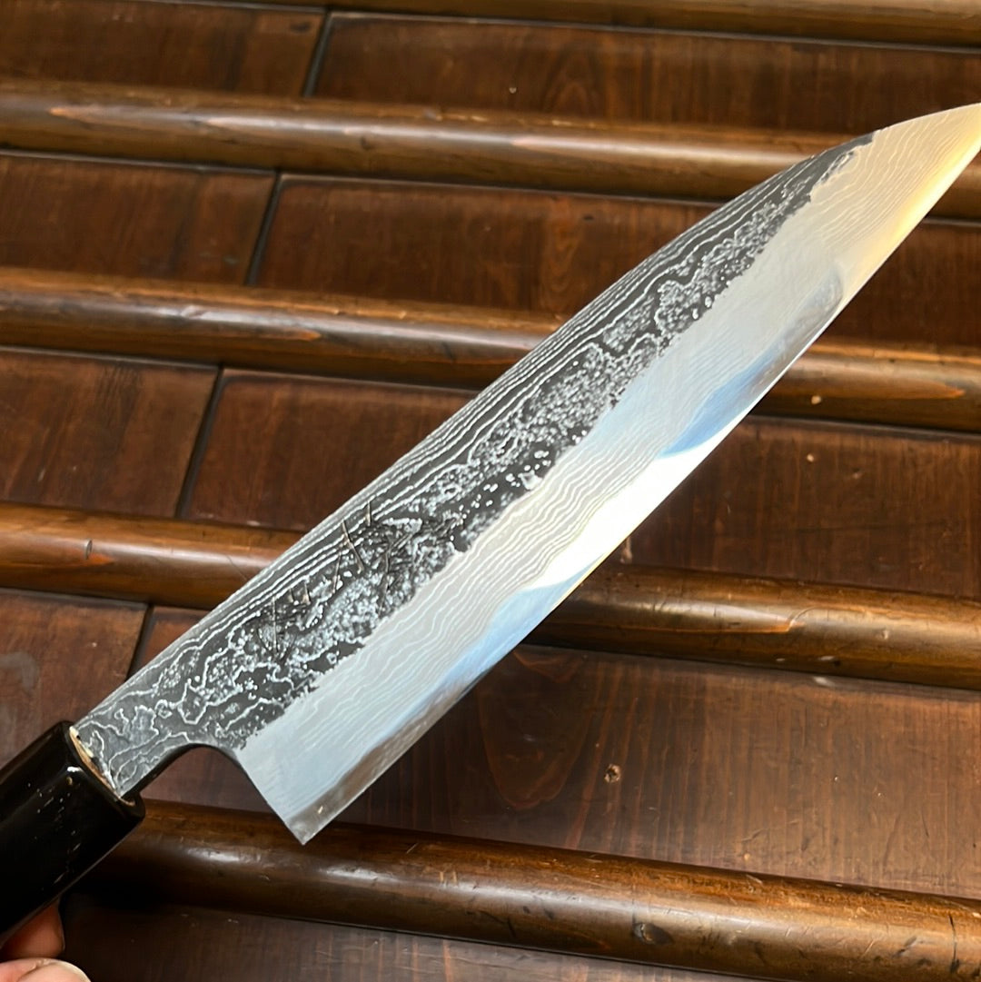 Tsukasa Hinoura 150mm Petty Shirogami Warikomi Kitaeji Suminagashi Burnt Chestnut Horn