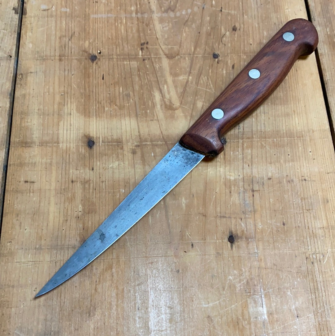 Unmarked 5.25” Boning Knife Stiff Carbon Steel Rosewood Handle -German 1960’s?