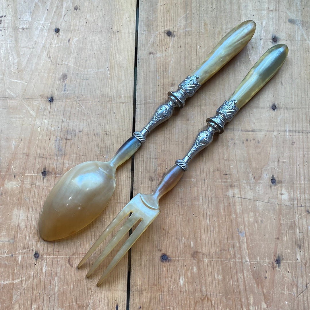 Unmarked Salad Serving Set Horn France 1920’s/30’s?