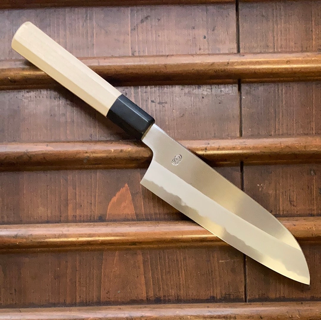 Sakai Kikumori Kikuzuki Kasumi 180mm Santoku Shirogami 2 with Saya