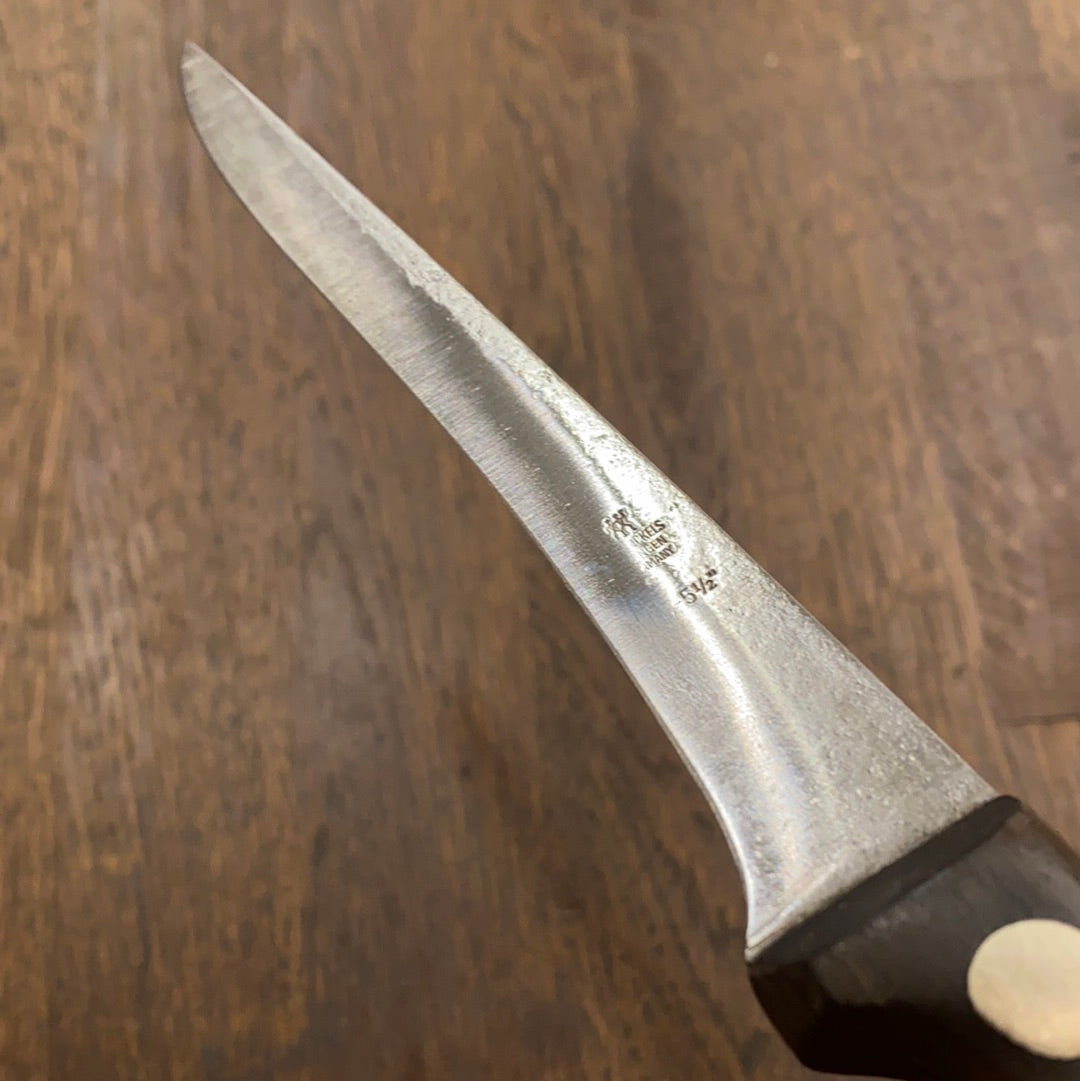 J. A. Henckels 5.5” Stiff Narrow Boning Knife Carbon Steel Walnut 2 Rivets 1950’s?