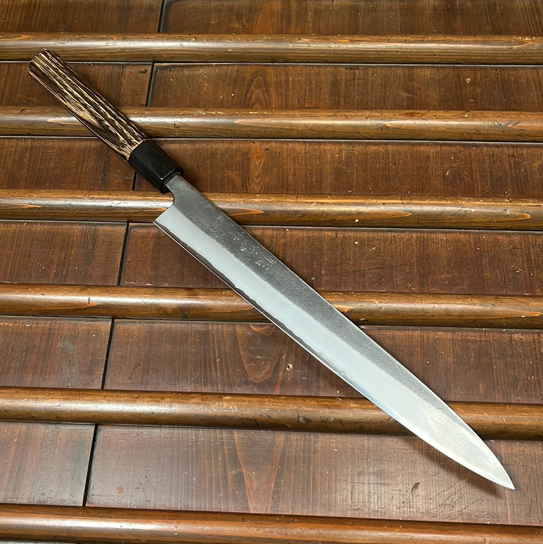 Wakui 270mm Sujihiki Stainless Clad Aogami 2 Nashiji Warikomi Chestnut