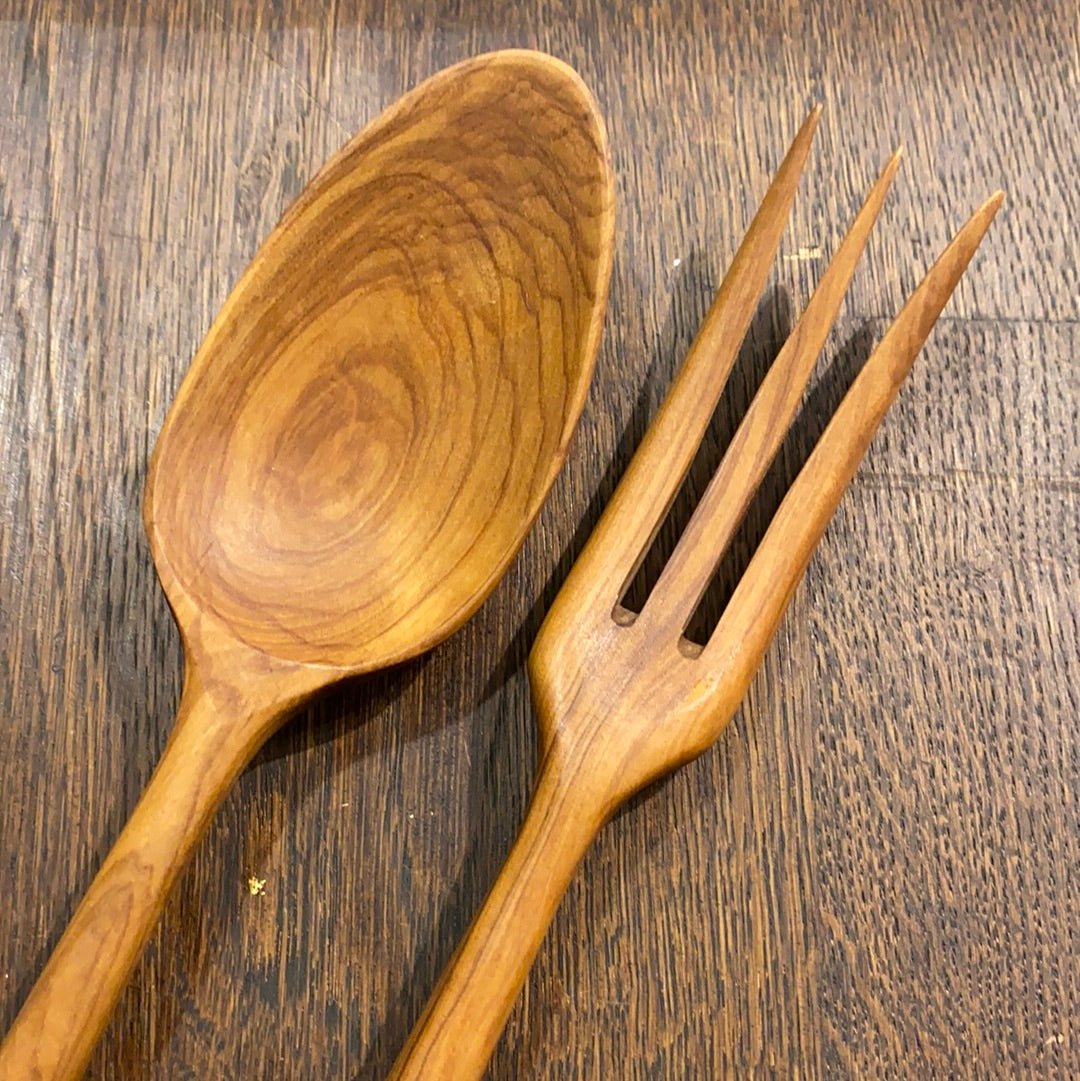 New Old Stock Salad Serving Set Sterling Silver and Olive Wood