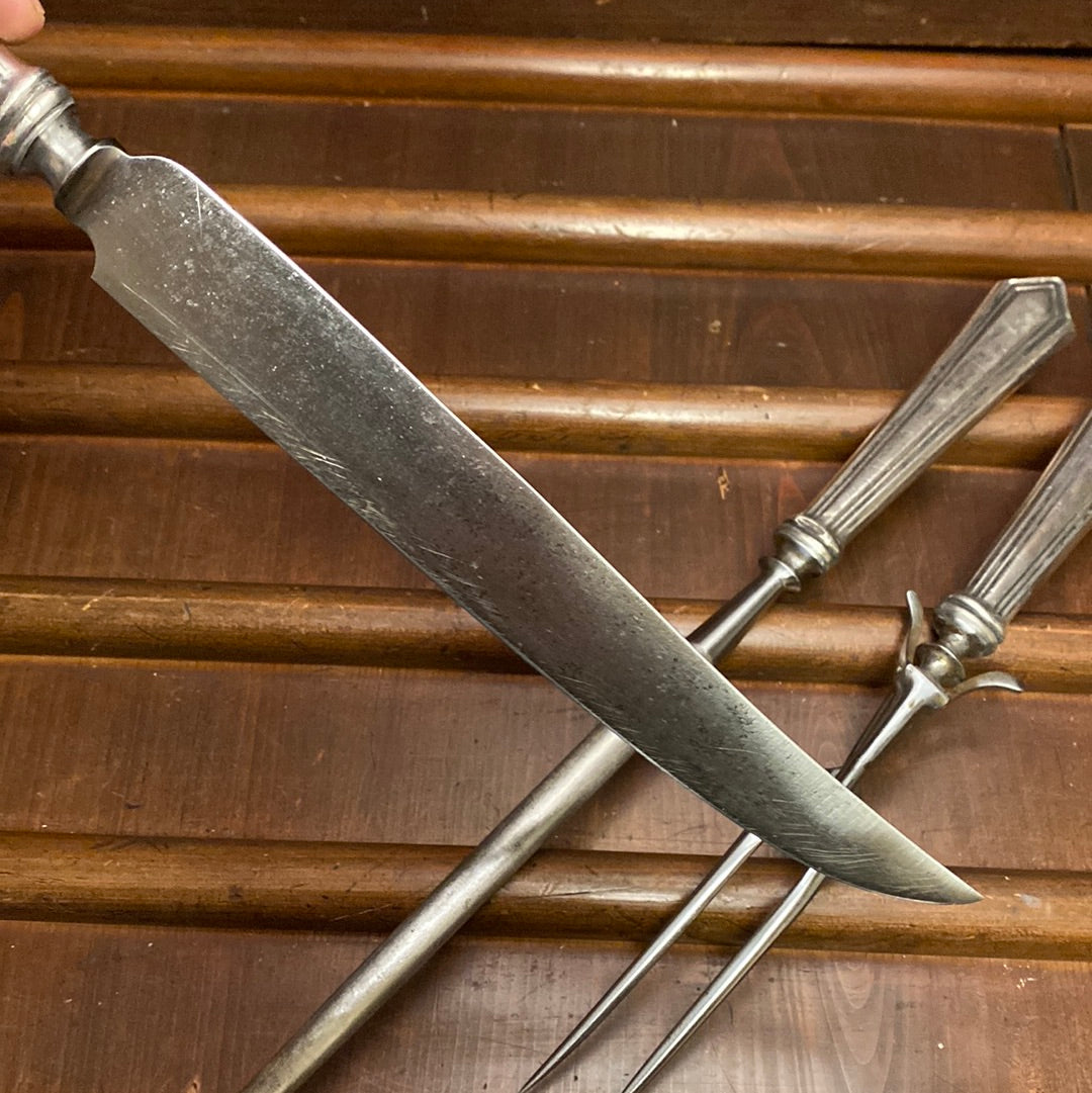 Unmarked 3pc Carving Set Carbon Steel Sterling Handles USA 1890’s-1920’s?
