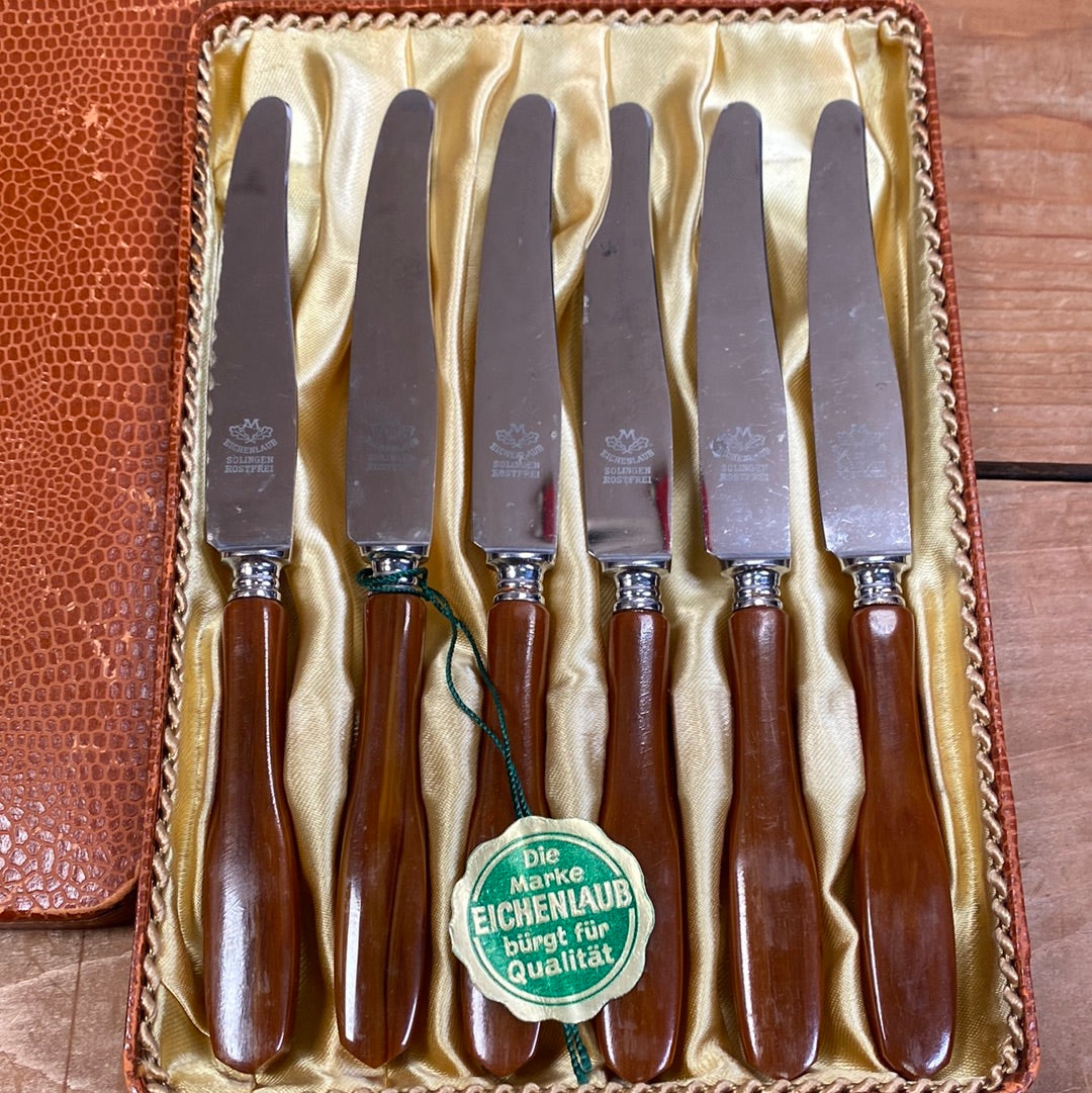 Vintage Eichenlaub Fruit / Dessert Knife Set Stainless Butterscotch Handles with Box and Tag Solingen, Germany 1950-70