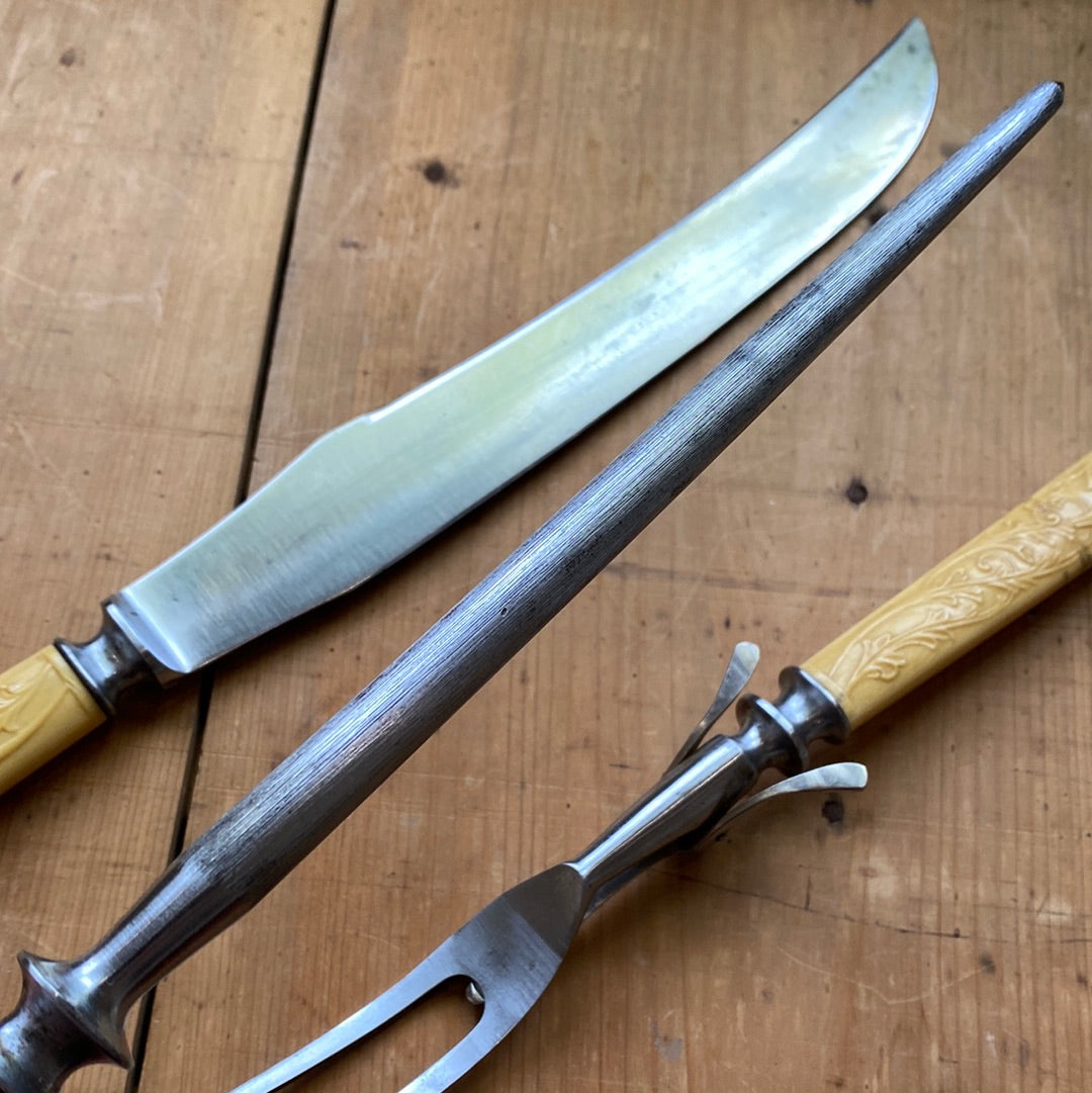 LF&C Aetna Works 3 pc Carving Set Carbon Steel & Pressed Celluloid 1900-1920?