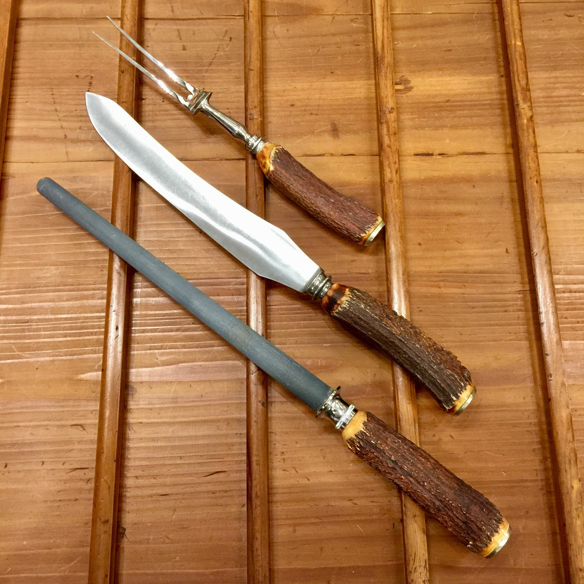 Harrods Carving Set  Carbon Steel Blade Stainless Fork Carborundum Rod 1930s-50s