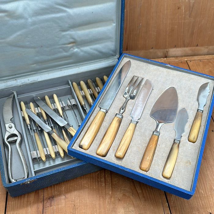 Vintage Douris Pâté, Cheese, Pastry, Carving, and Table Knife Set Stainless & Horn Thiers, France 1930-60 - 24 Pieces