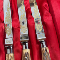 Vintage Wingen Solingen Steak Knife Set Forged Stainless Stag Handles 1950-70 - 6 Pieces