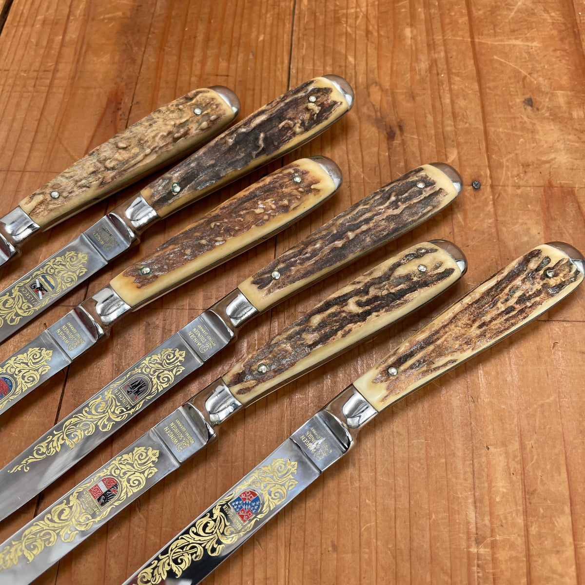 Vintage Wingen Solingen Steak Knife Set Forged Stainless Stag Handles 1950-70 - 6 Pieces