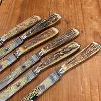 Vintage Wingen Solingen Steak Knife Set Forged Stainless Stag Handles 1950-70 - 6 Pieces