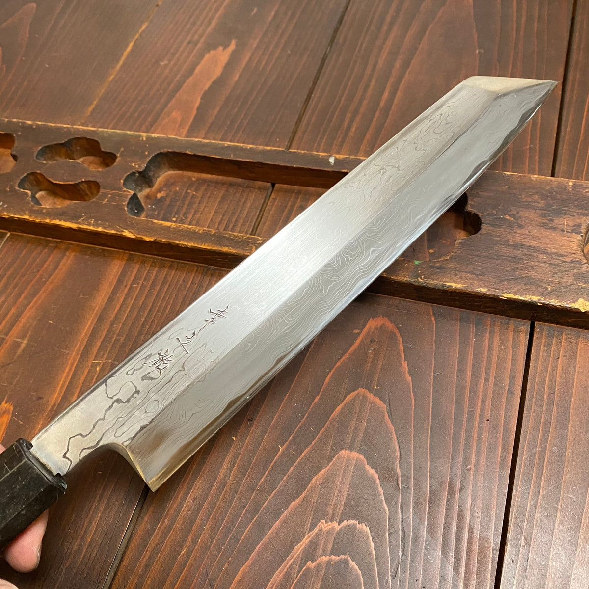 Konosuke Fujiyama 270mm Kiritsuke Aogami 2 Suminagashi Ebony Horn