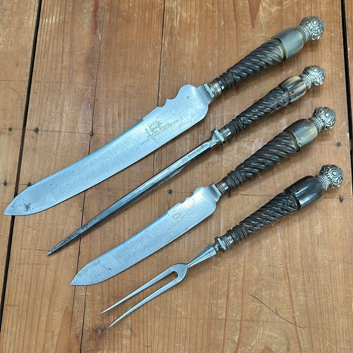 Frank Mills 4-Piece Carving Set Sheffield England Carbon Carved Horn Handles 1886s-1903