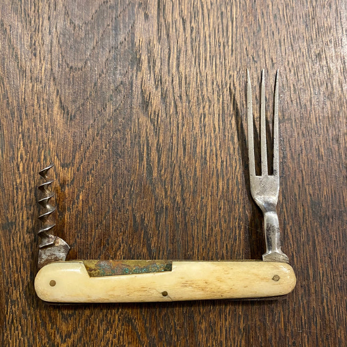 Unmarked 3 7/16” Folding Fork & Corkscrew Germany 1900-1920? Carbon Steel & Cow Bone