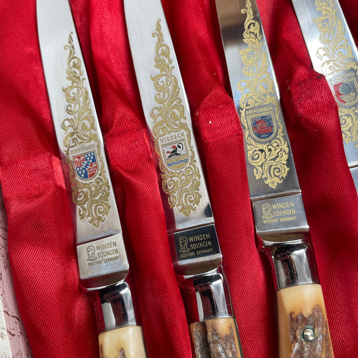 Vintage Wingen Solingen Steak Knife Set Forged Stainless Stag Handles 1950-70 - 6 Pieces