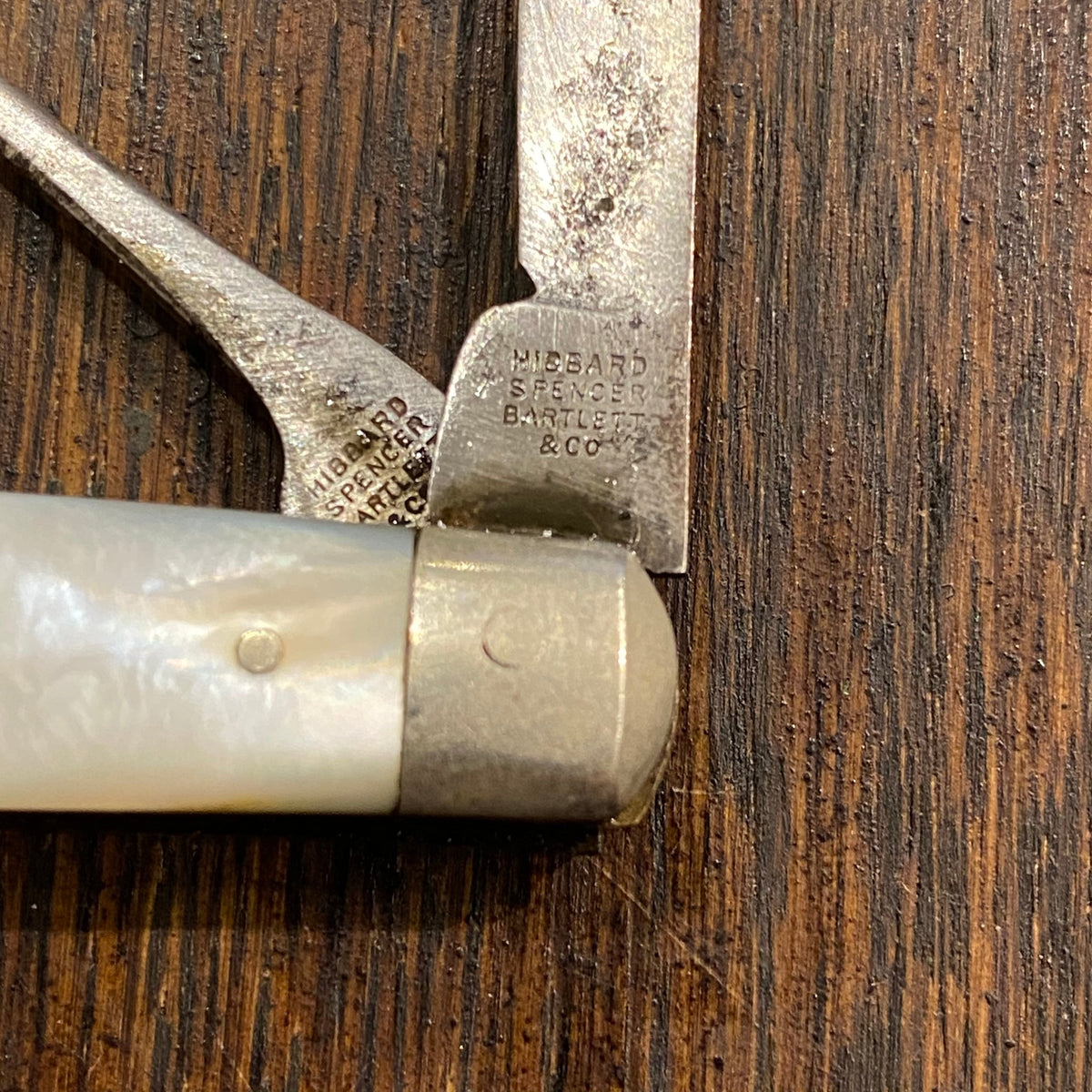 Hibbard Spencer & Bartlett 2 5/8" Pen Knife W Button Hook MOP 1920s-1960s