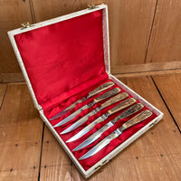 Vintage Wingen Solingen Steak Knife Set Forged Stainless Stag Handles 1950-70 - 6 Pieces