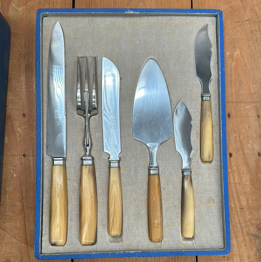 Douris Pate, Cheese, Pastry, Carving and 24pc Table Knife Set Stainless & Horn Thiers ~1930s 50s's