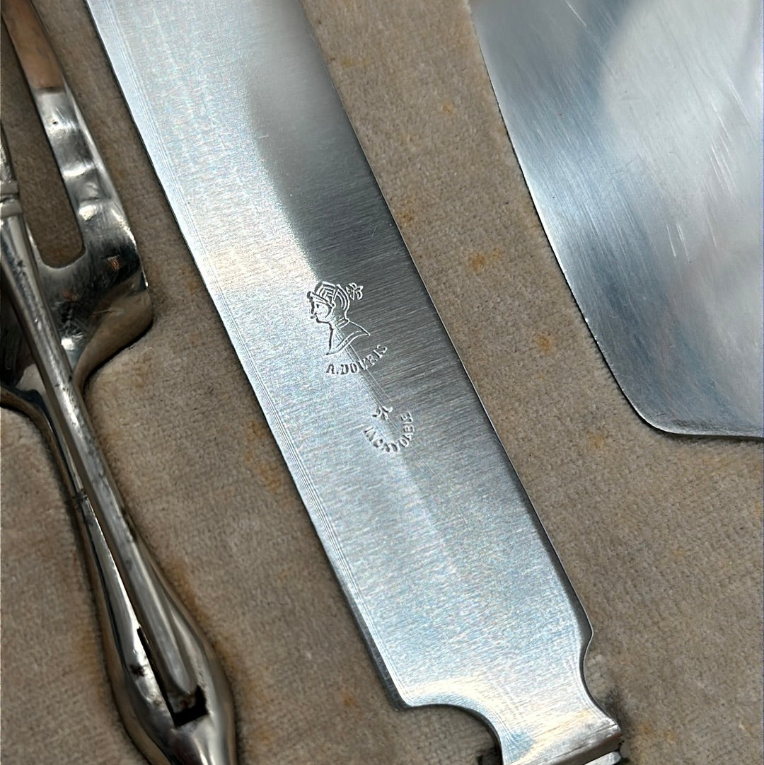 Vintage Douris Pâté, Cheese, Pastry, Carving, and Table Knife Set Stainless & Horn Thiers, France 1930-60 - 24 Pieces