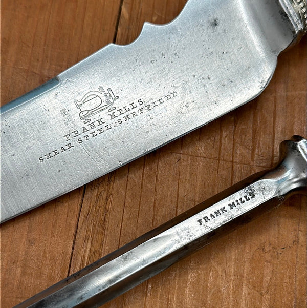 Frank Mills 4-Piece Carving Set Sheffield England Carbon Carved Horn Handles 1886s-1903