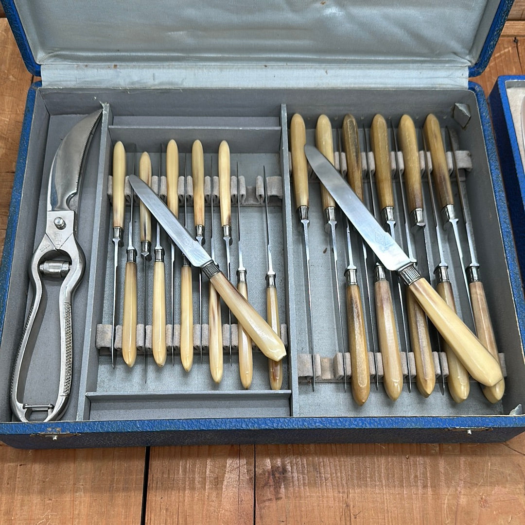 Vintage Douris Pâté, Cheese, Pastry, Carving, and Table Knife Set Stainless & Horn Thiers, France 1930-60 - 24 Pieces