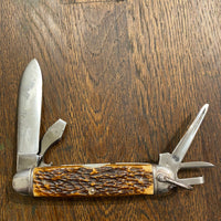 Unmarked 3 5/8" Scout Knife Multiblade Carbon Steel / Bone 1930s-60s