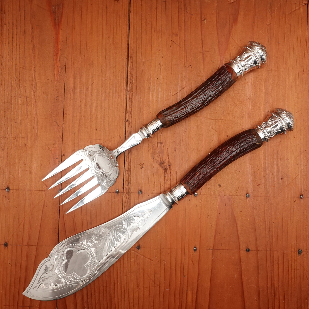 Joseph Rodgers Fish Service Set Silverplate & Stag Handles Sheffield, England ~1900-1930