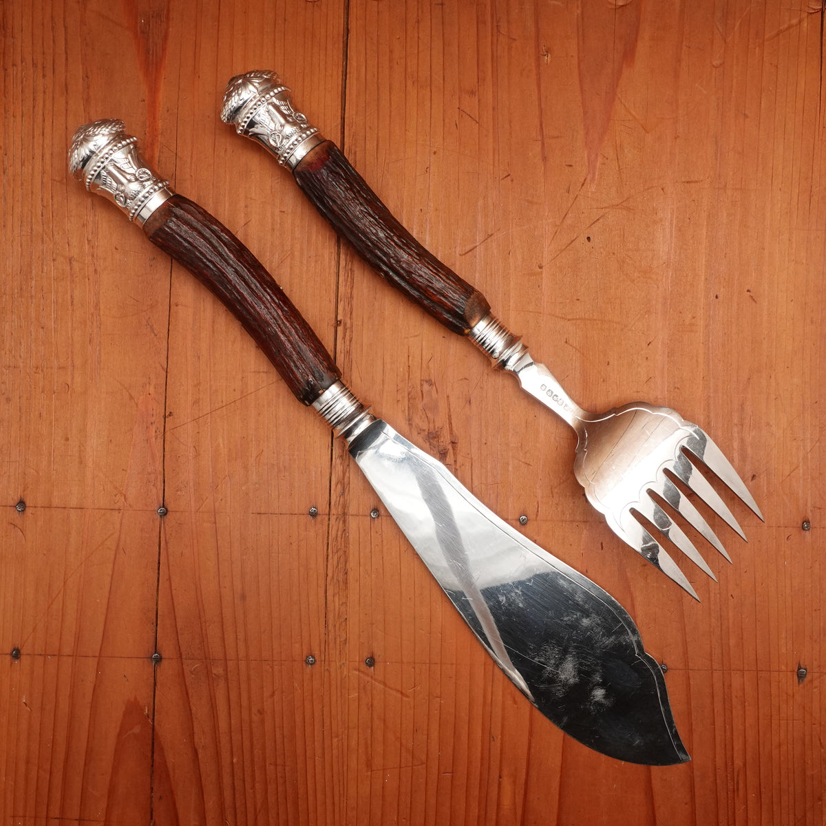 Joseph Rodgers Fish Service Set Silverplate & Stag Handles Sheffield, England ~1900-1930