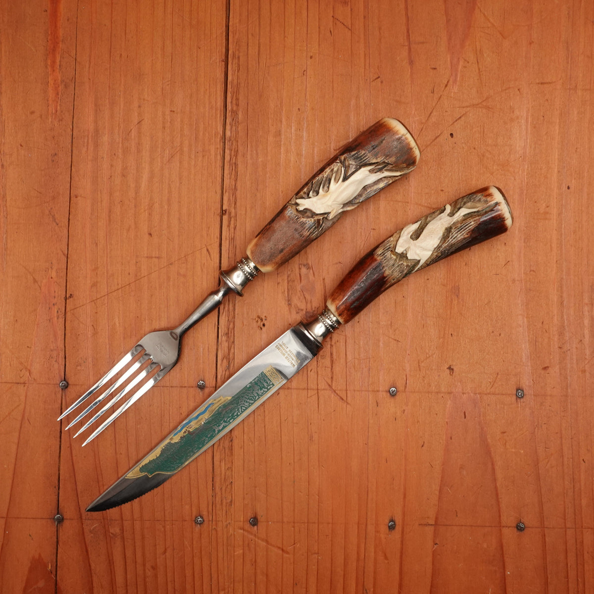 New Old Stock Walter Willms Steak Knife & Fork Pair Forged Stainless & Carved Stag Solingen 1960s 70s