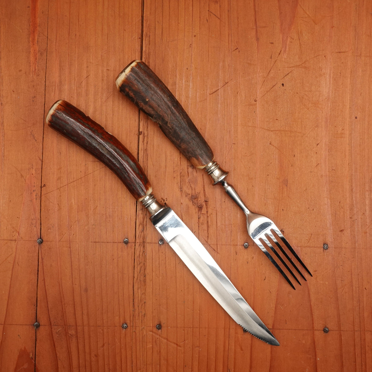 New Old Stock Walter Willms Steak Knife & Fork Pair Forged Stainless & Carved Stag Solingen 1960s 70s