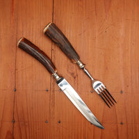 New Old Stock Walter Willms Steak Knife & Fork Pair Forged Stainless & Carved Stag Solingen 1960s 70s