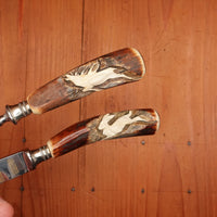 New Old Stock Walter Willms Steak Knife & Fork Pair Forged Stainless & Carved Stag Solingen 1960s 70s