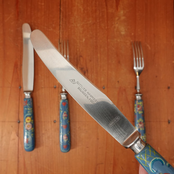 Gottleib Hammesfahr Table Knife & Fork Set 4 Pcs "Nirosta" Stainless Handpainted Solingen 1920s?