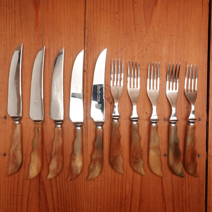 New Vintage Lewis, Rose and Co. Set of 5 Knives & Forks Stainless & Butterscotch Celluloid Sheffield 1930s-50s